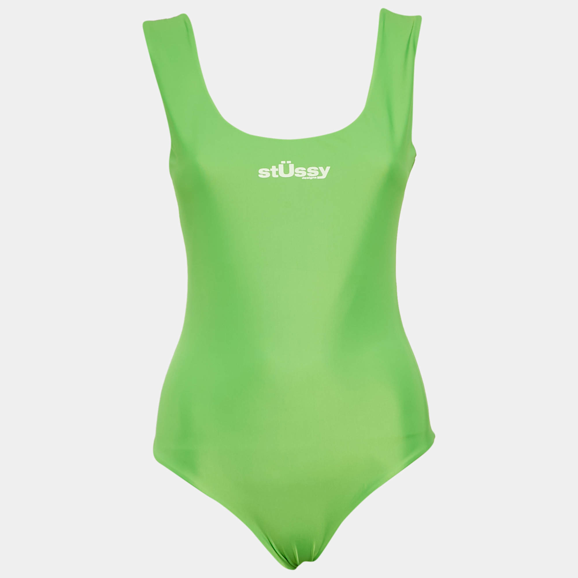 Stussy Neon Green Logo Print Nylon Jersey Swimsuit S