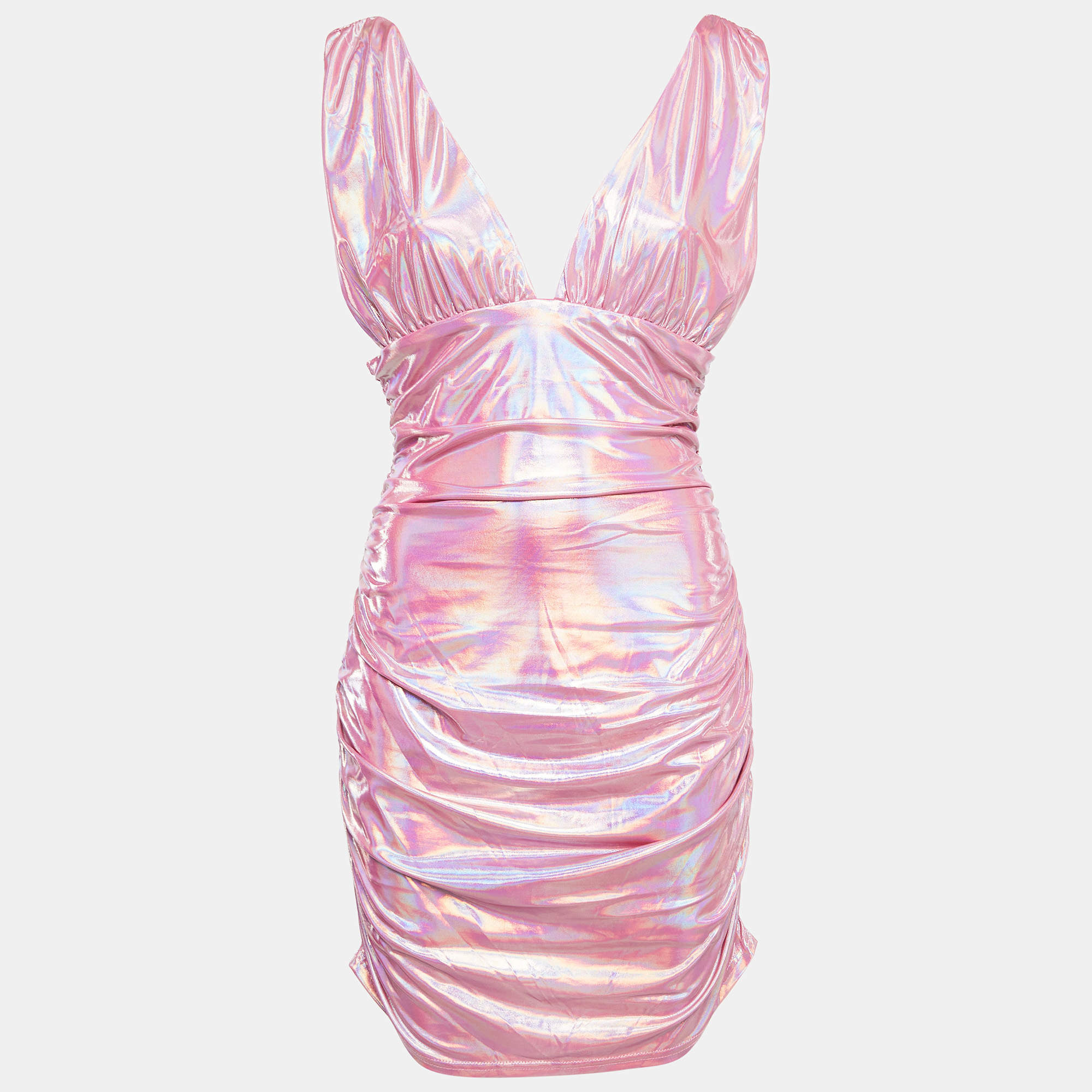 Superdown Pink Holographic Jersey Ruched Kerrie Dress L