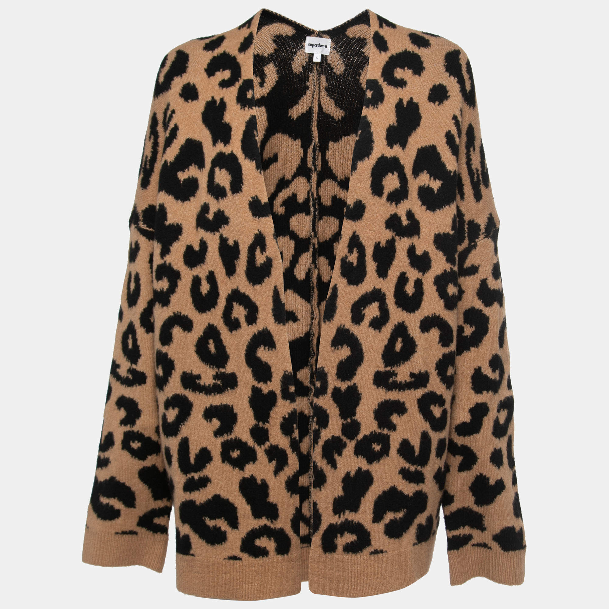 Superdown Brown Leopard Pattern Knit Draya Open Front Cardigan L