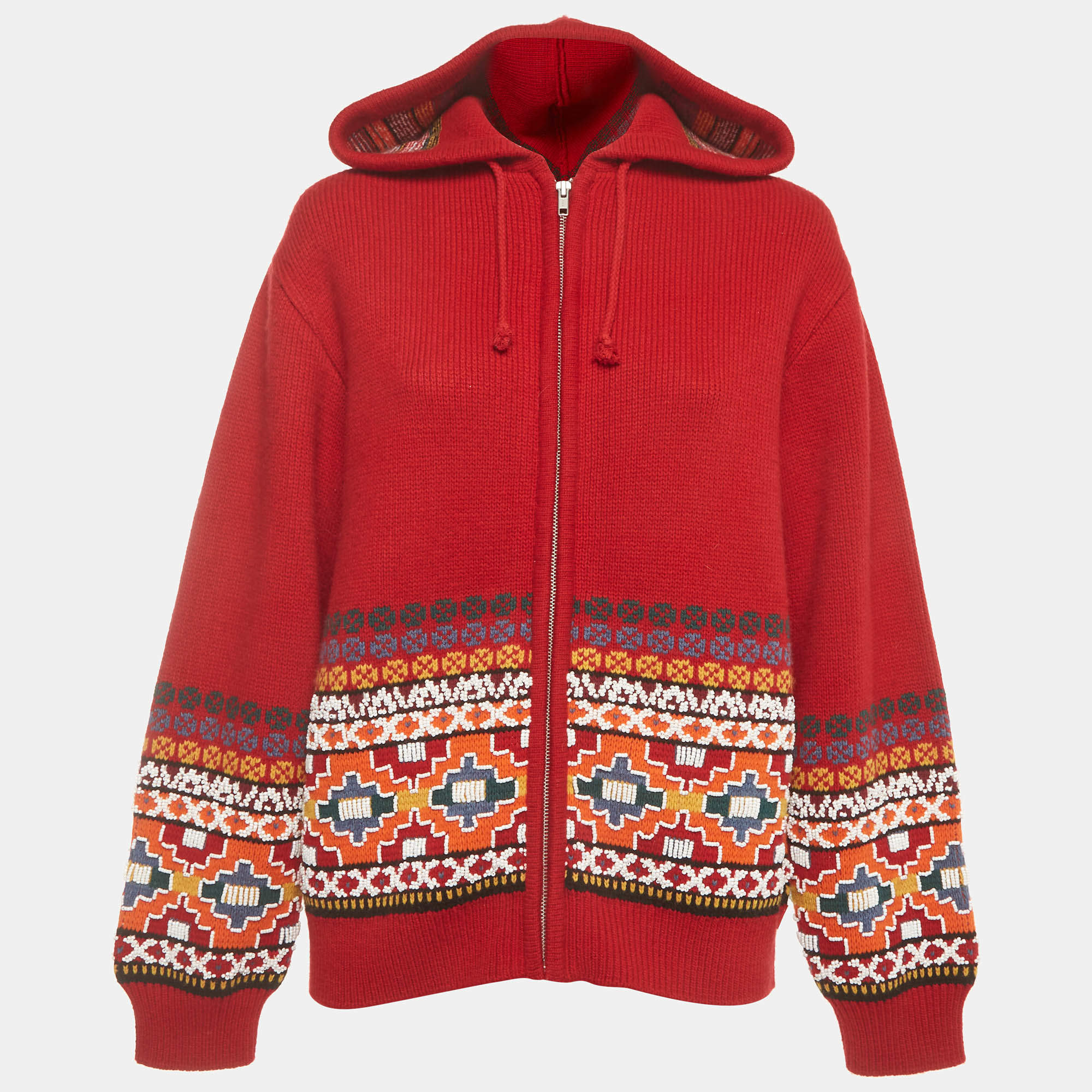 Pre Owned {"name": "Supreme Red Beaded Pattern Knit Zip-Up Hooded Sweater S", "name_ar": "\u0633\u062a\u0631\u0629 \u0633\u0648\u0628\u0631\u064a\u0645 \u062d\u0645\u0631\u0627\u0621 \u0628\u0627\u0644\u0646\u0645\u0637 \u0627\u0644\u0645\u0632\u0631\u0648\u062f \u