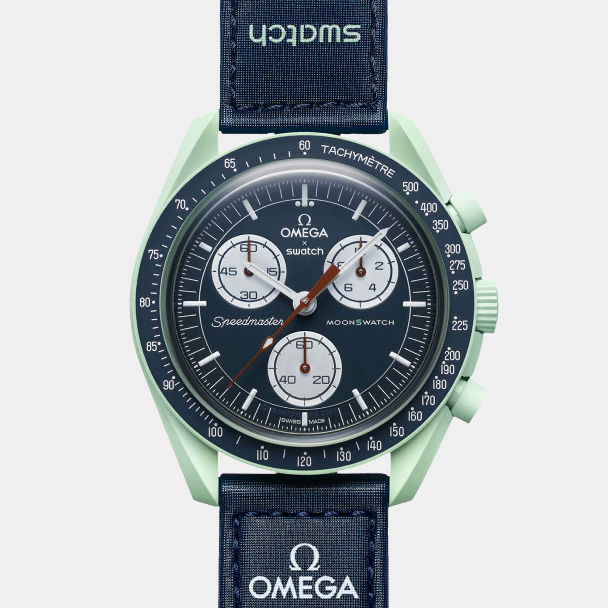 Omega X Swatch Green and Blue Bioceramic Velcro Mission On Earth So33G100 Watch 42 mm