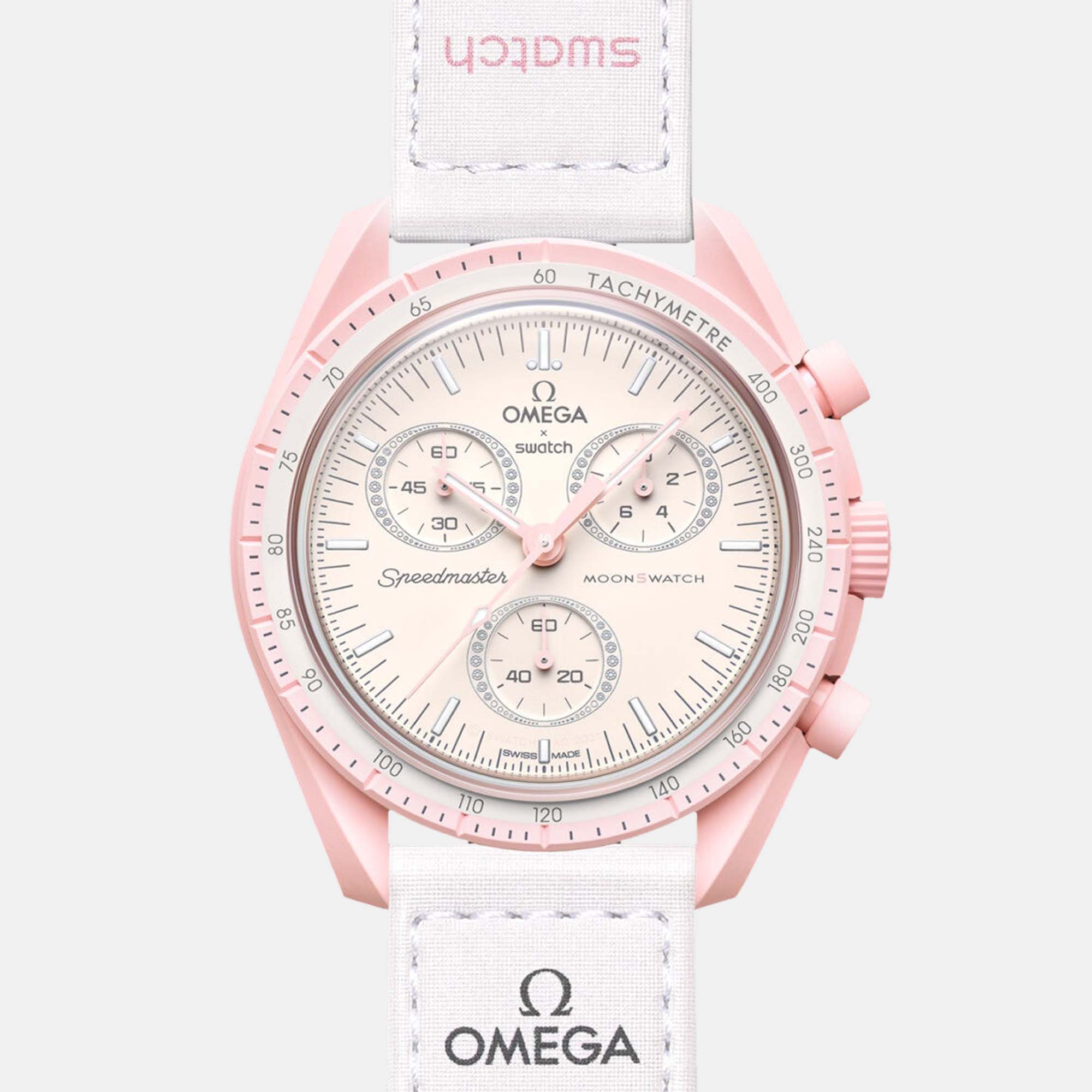 Pre Owned Omega X Swatch Powdery Pink Velcro Moon Swatch Mission To Venus 42 mm