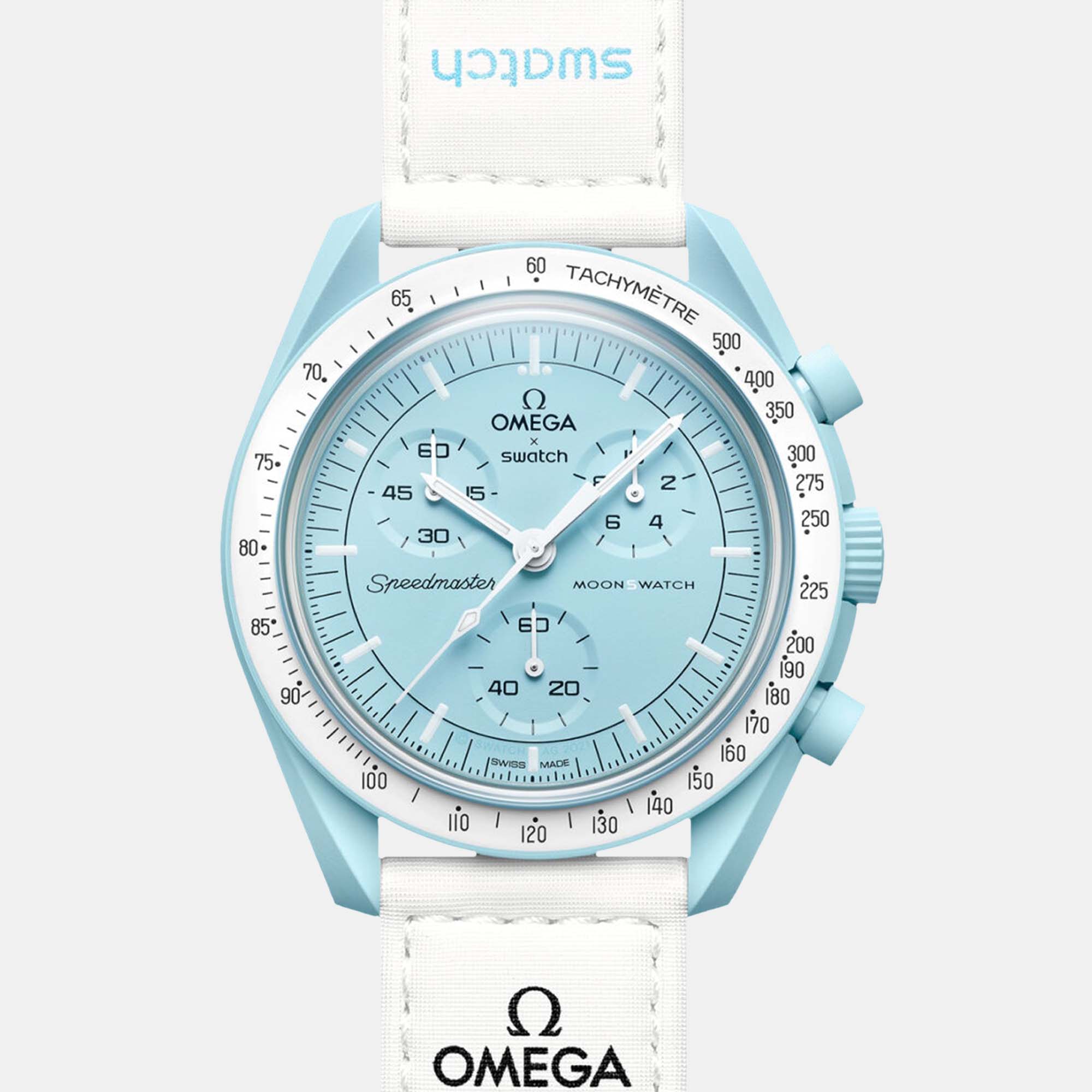 Omega X Swatch Pale Blue Bioceramic Velcro Moon Swatch Mission To Uranus SO33ML100 Wristwatch 42 mm