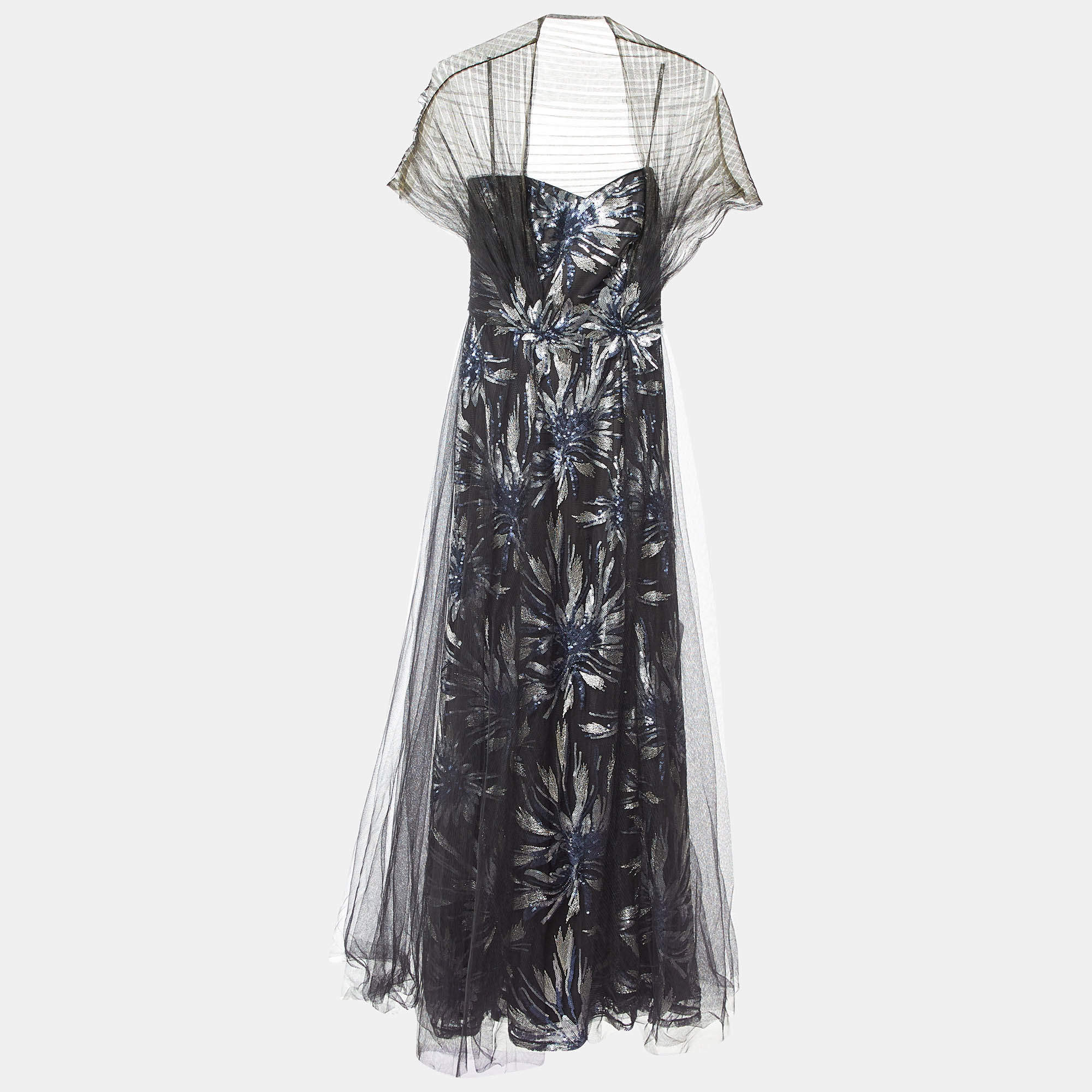 Tadashi Shoji Black Floral Sequined Tulle Draped Gown XS 