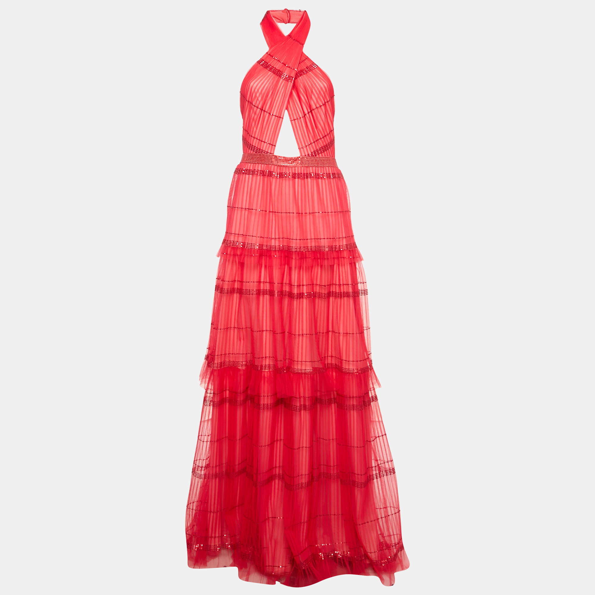 Tadashi Shoji Red Sequin Tulle Halter Neck Tiered Gown M