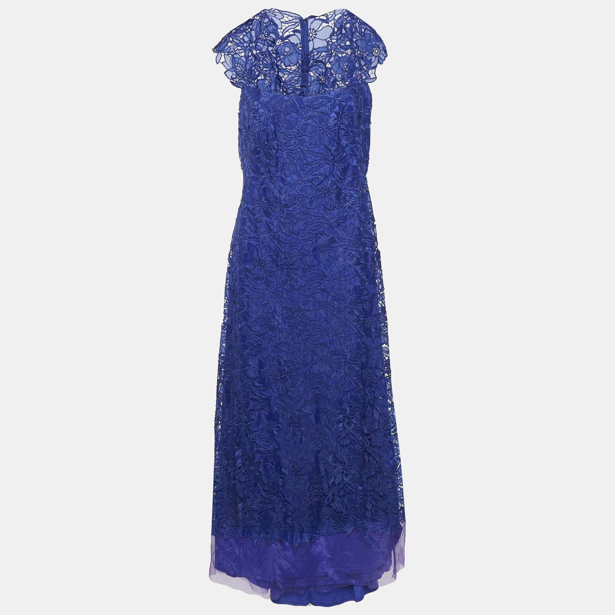 Tadashi Shoji Blue Floral Lace Cap Sleeve Milien Gown L