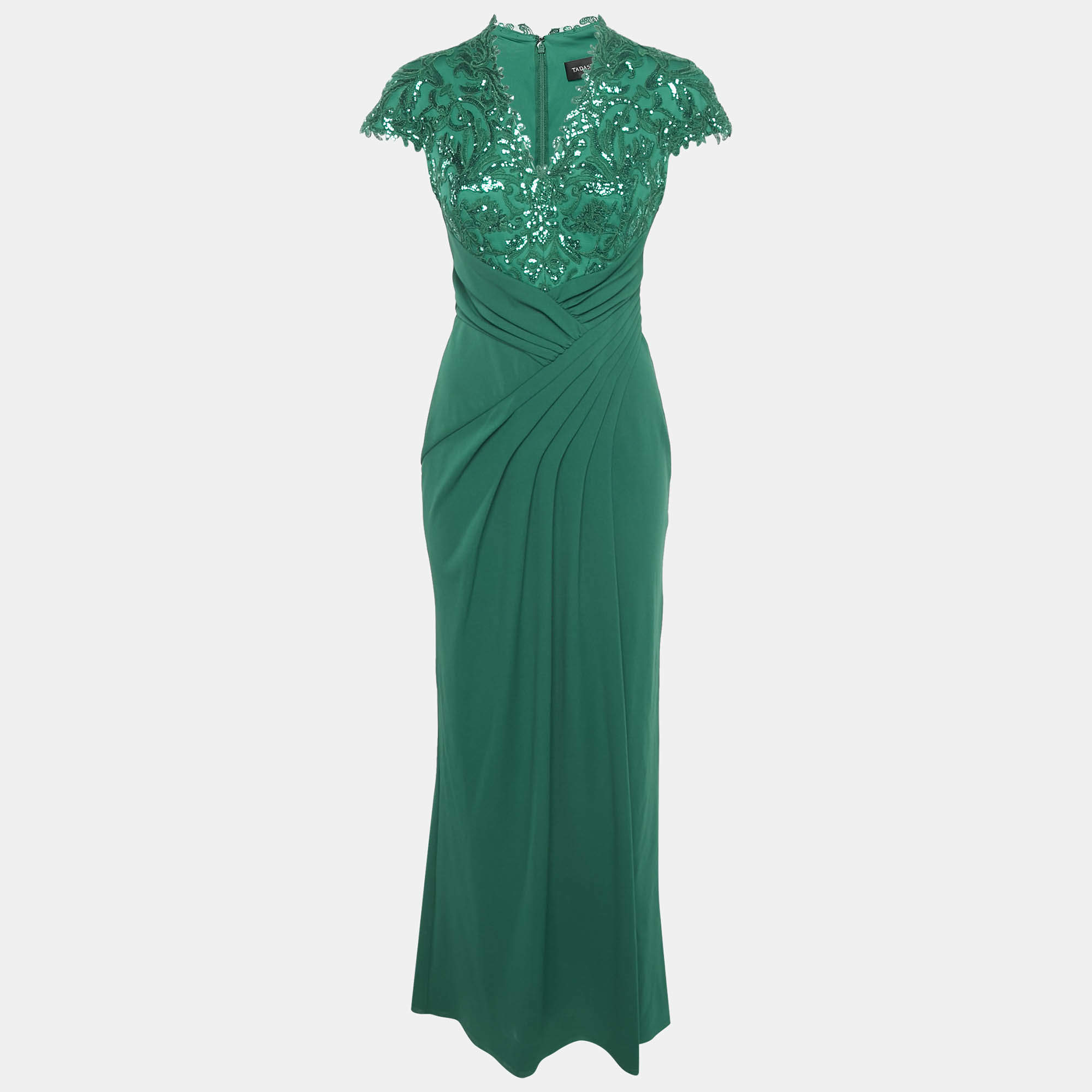 Tadashi Shoji Emerald Green Sequin Tulle and Jersey Gown S
