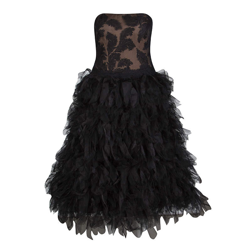 Tadashi Shoji Black Tulle Embroidered Faux Feather Strapless Dress M