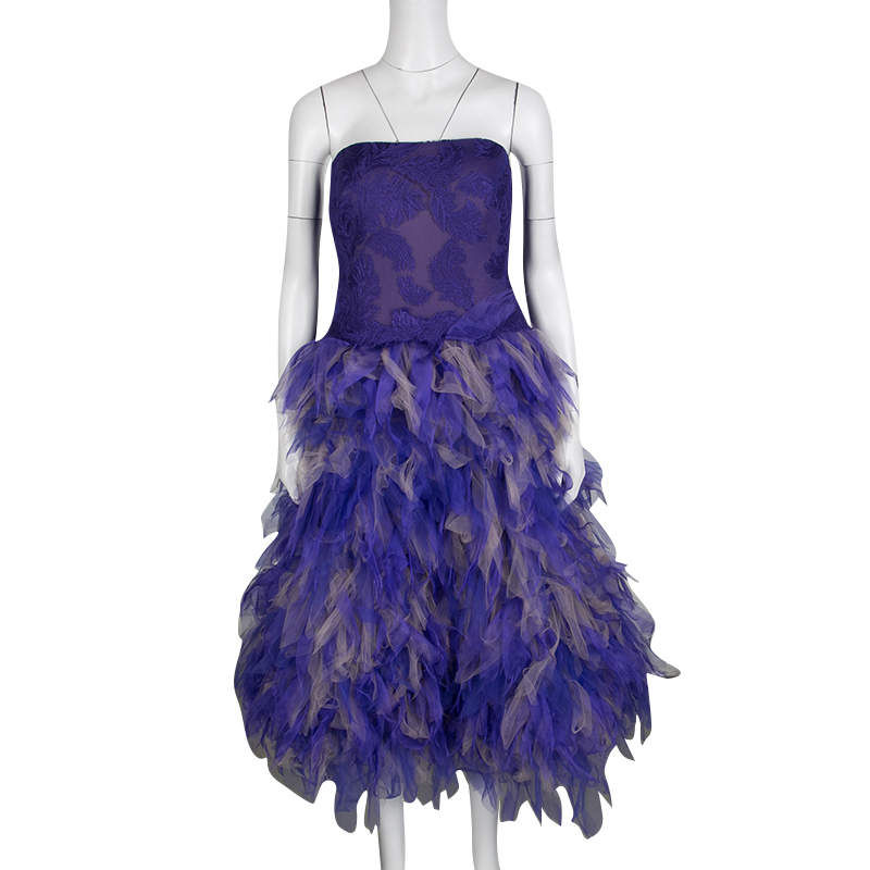 مملوكة مسبقًا Tadashi Shoji Purple and Begie Tulle Embroidered Faux Feather Strapless Dress L