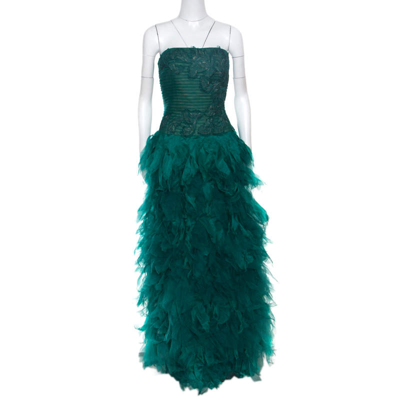 Pre Owned Tadashi Shoji Green Tulle Embroidered Faux Feather Strapless Gown L