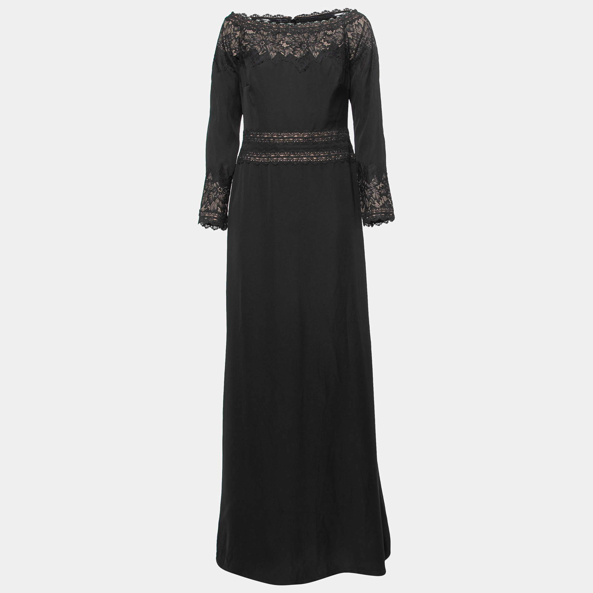 Pre Owned Tadashi Shoji Black Crepe and Lace Off-Shoulder Gown L