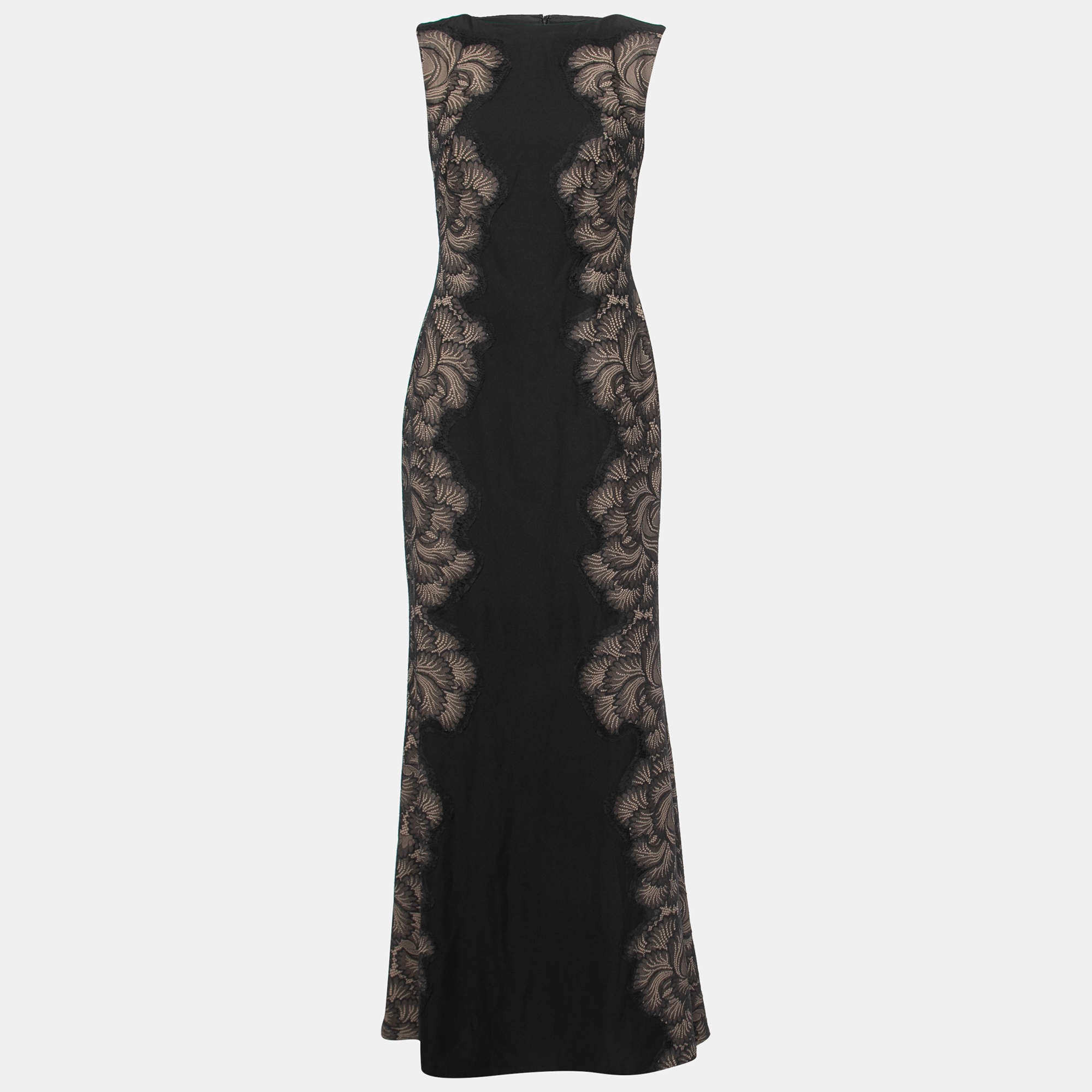 Pre Owned Tadashi Shoji Black/Beige Crepe Lace Side Panel Gown S