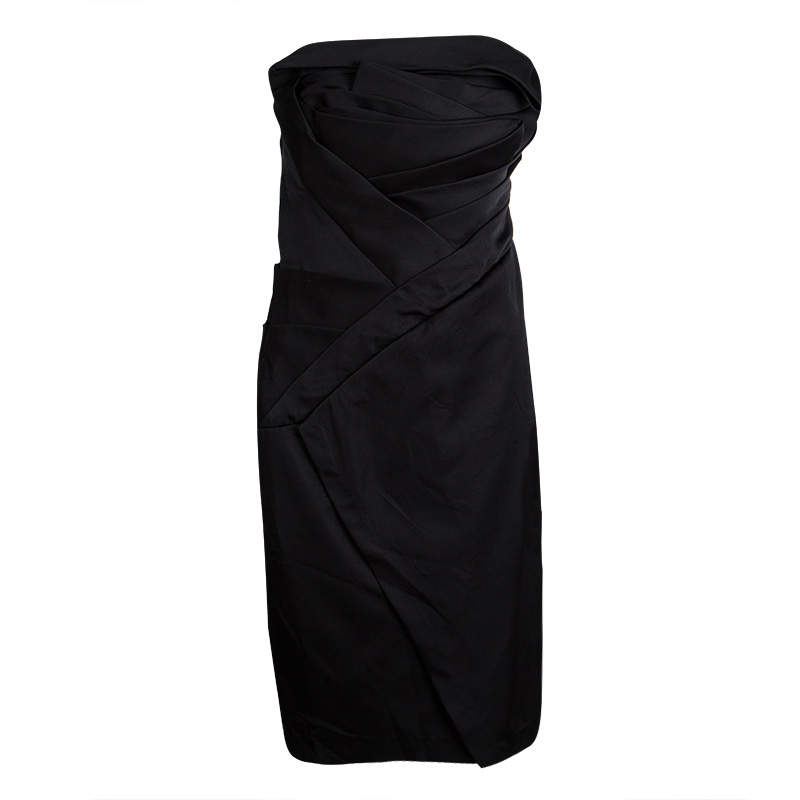 Tadashi Shoji Black Silk Asymmetric Pleat Detail Strapless Dress M