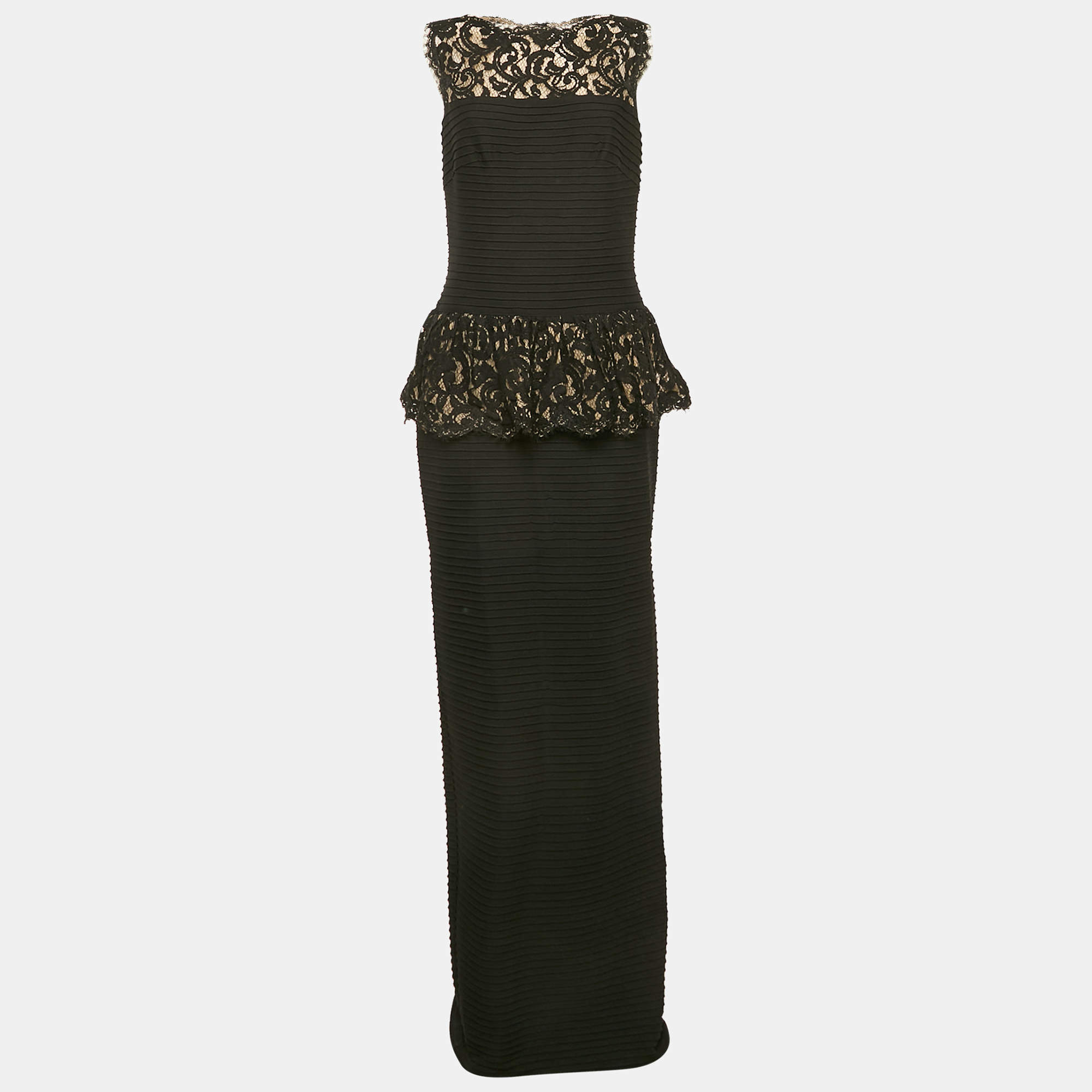 Tadashi Shoji Black Lace and Pleated Jersey Peplum Sleeveless Gown M