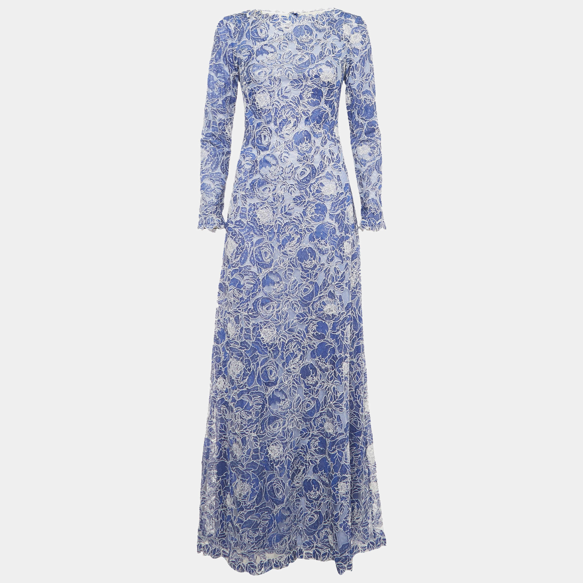 Pre Owned Tadashi Shoji Blue Embroidered Long Sleeve Maxi Dress S