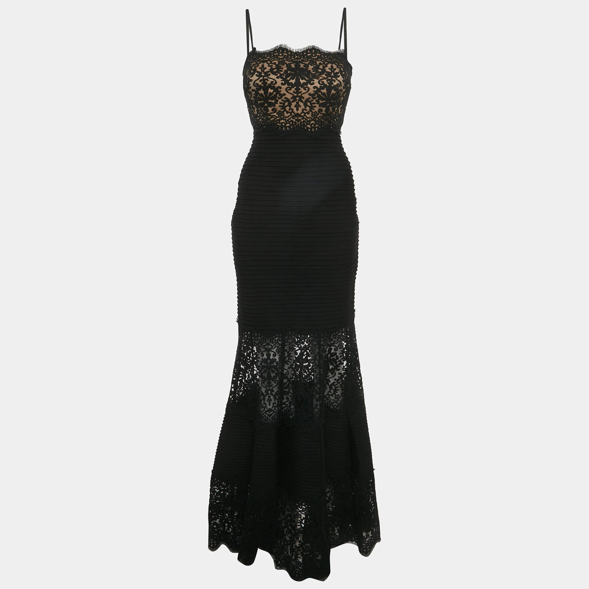 مملوكة مسبقًا Tadashi Shoji Black lace and Jersey Pintuck Detail Gown XS