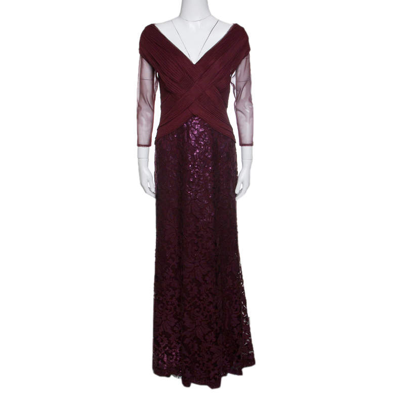 Tadashi Shoji Burgundy Tulle Woven Bodice Sequined Gown S