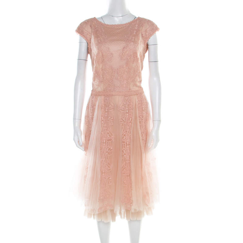 Tadashi Shoji Peach Floral Lace Overlay Sleeveless Layered Tulle Dress M