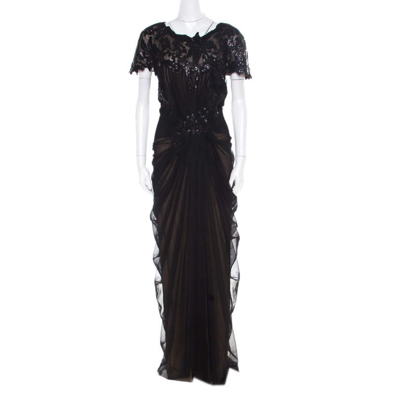 Tadashi Shoji Black Sequin Embellished Cap Sleeve Pegged Evening Gown XXL 