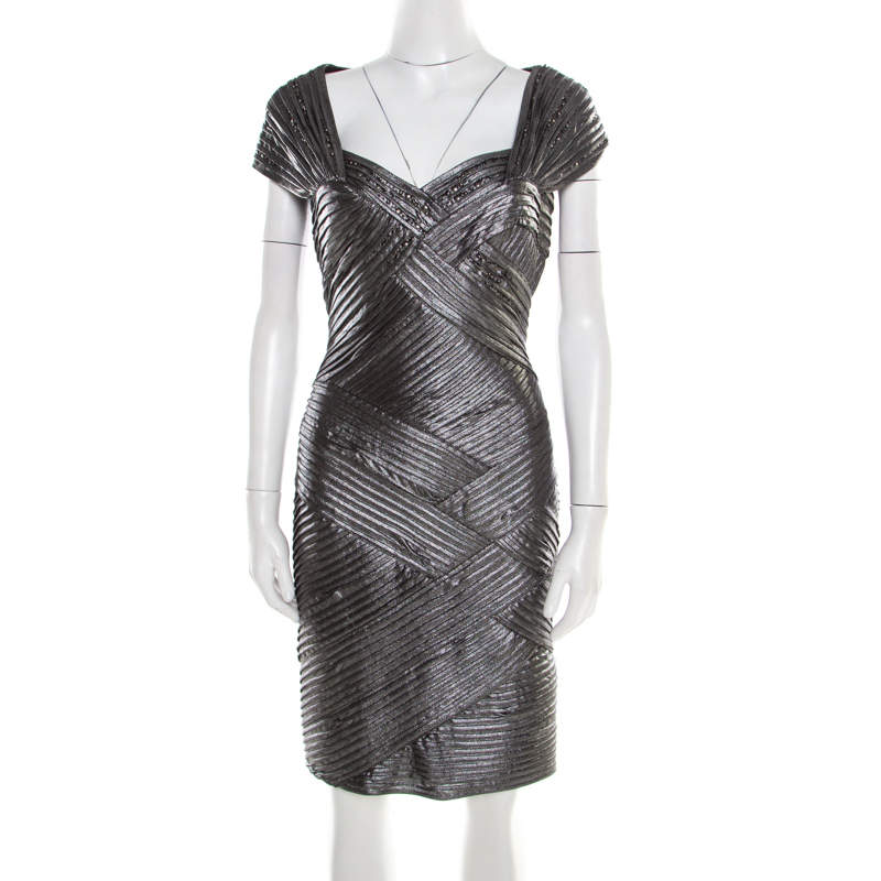 Pre Owned فستان تداشي شوجي ميتاليك مقلم بطيات مزخرف M