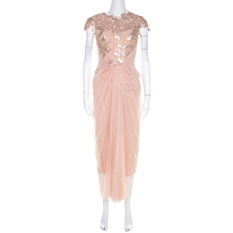 Tadashi Shoji Beige Lace and Tulle Sequined Gown S