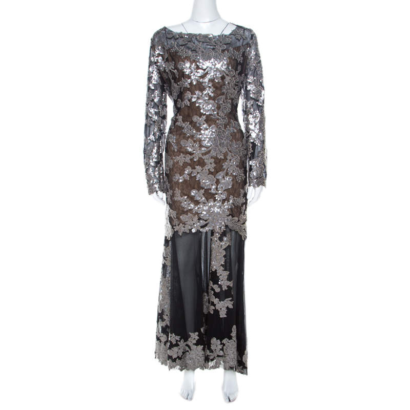 Tadashi Shoji Black Sequin Embellished Lace Evening Gown XL 