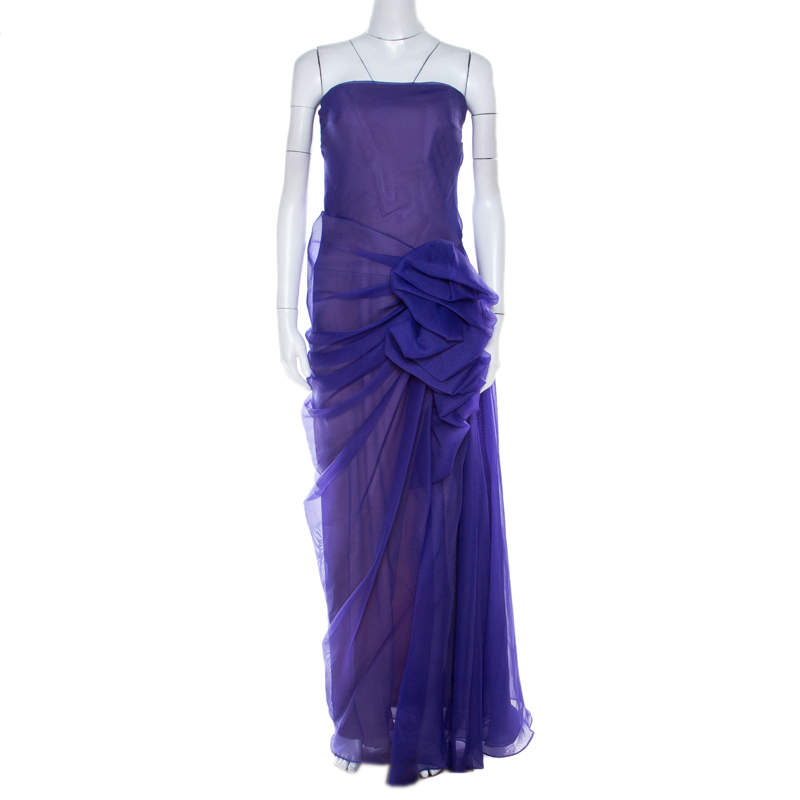 Pre Owned Tadashi Shoji Purple Tulle Ruched Bow Detail Strapless Cocktail Dress M