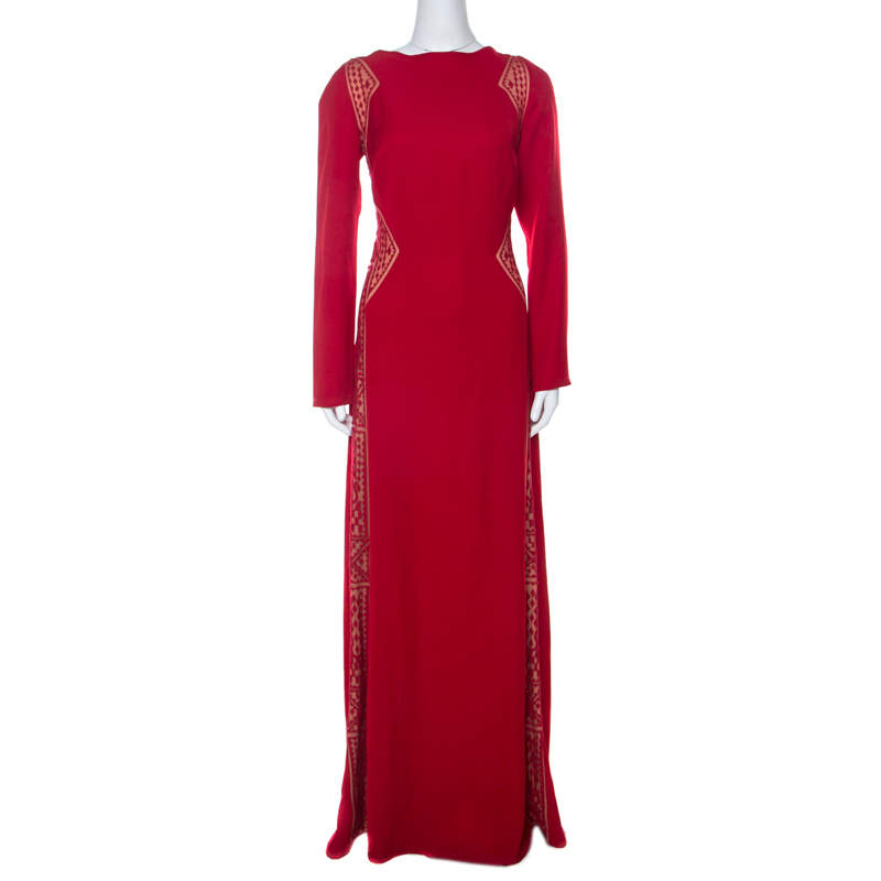 Tadashi Shoji Red Crepe Lace Inset Edie Gown L