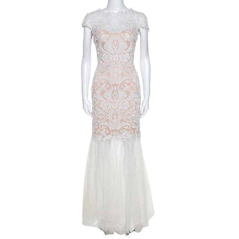Tadashi Shoji White Crochet and Tulle Fishtail Gown M