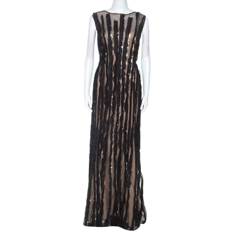 مملوكة مسبقًا Tadashi Shoji Black Mesh Sequinned Sleeveless Gown L