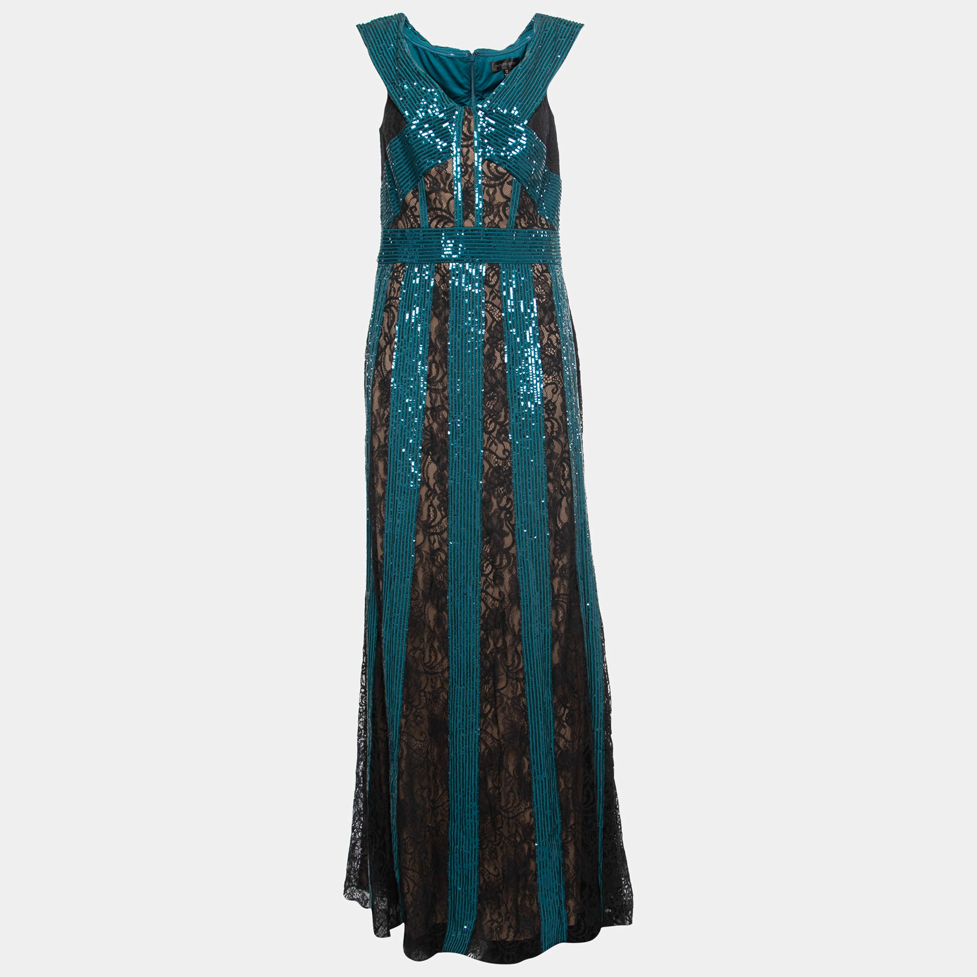 Tadashi Shoji Black/Green Lace and Sequin Rhea Stripe Gown L