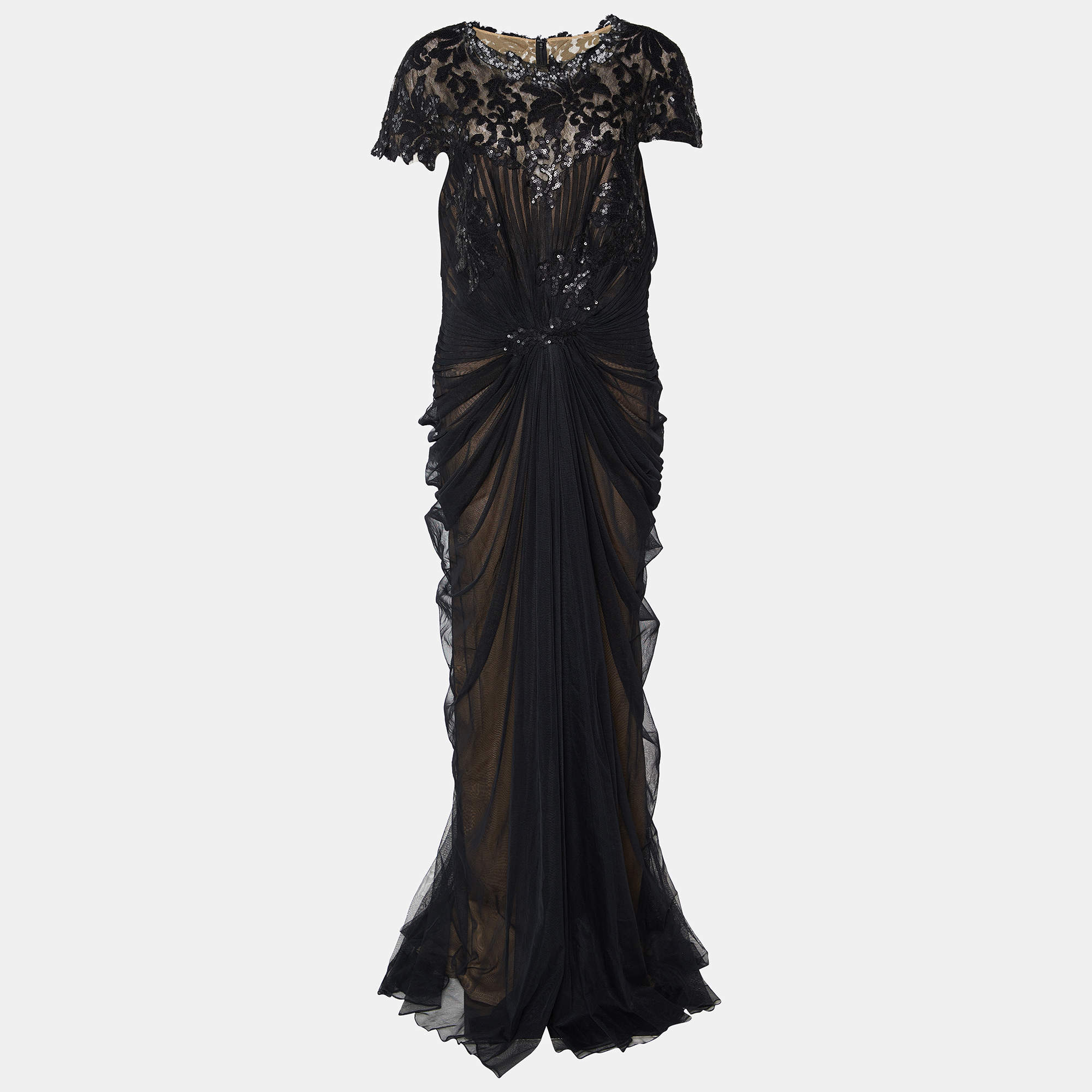 Tadashi Shoji Black Sequin Embellished Tulle And Lace Gathered Waist Gown