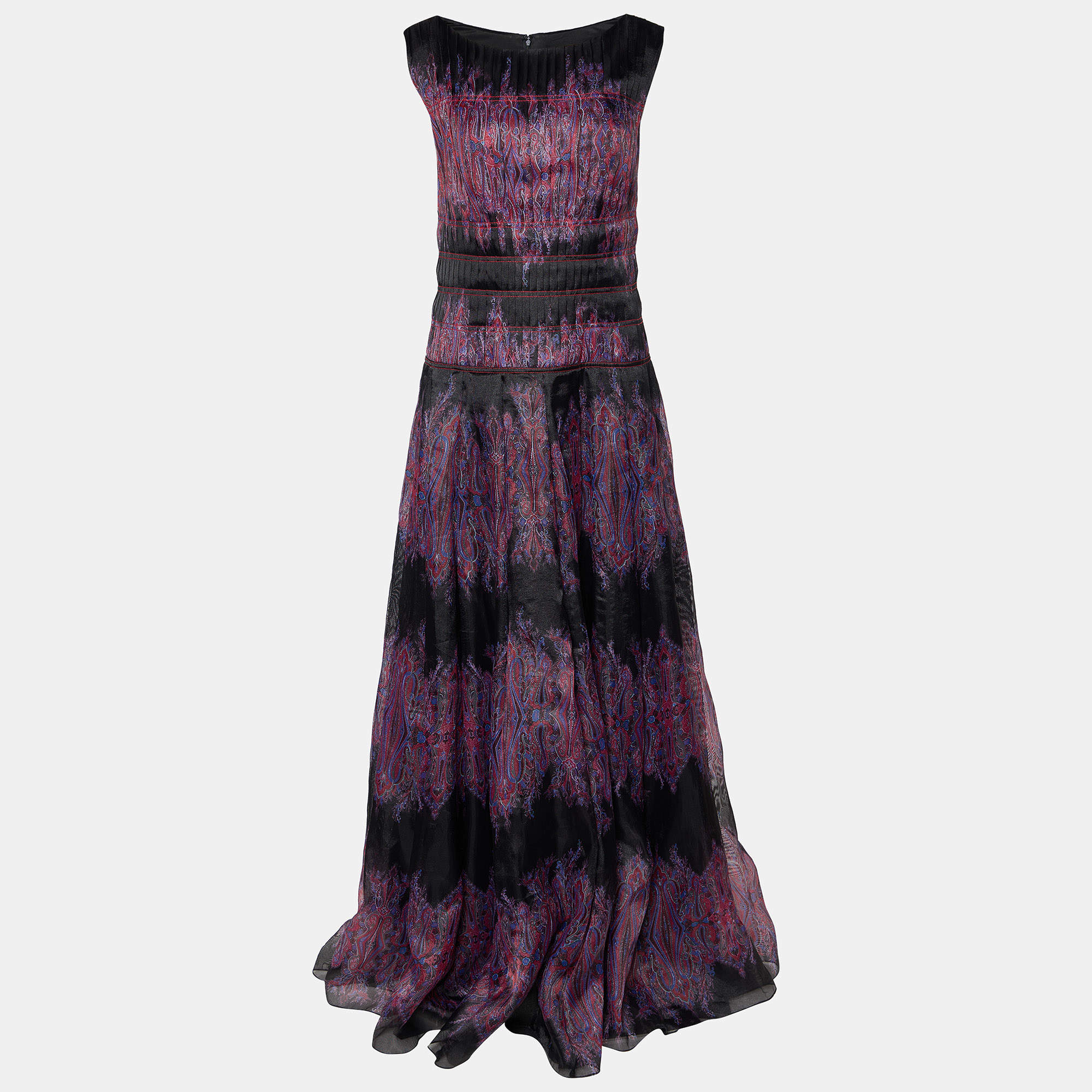 Tadashi Shoji Black & Purple Paisley Printed Gazar Gown L