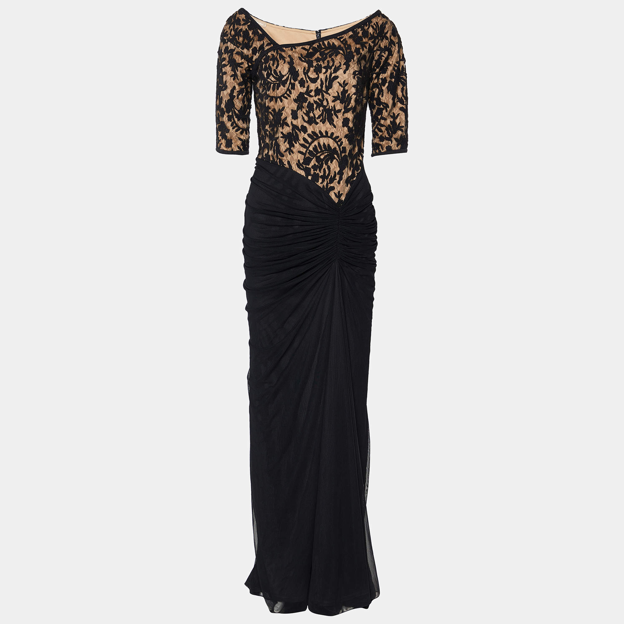 Tadashi Shoji Black Lace & Ruched Tulle Gown L