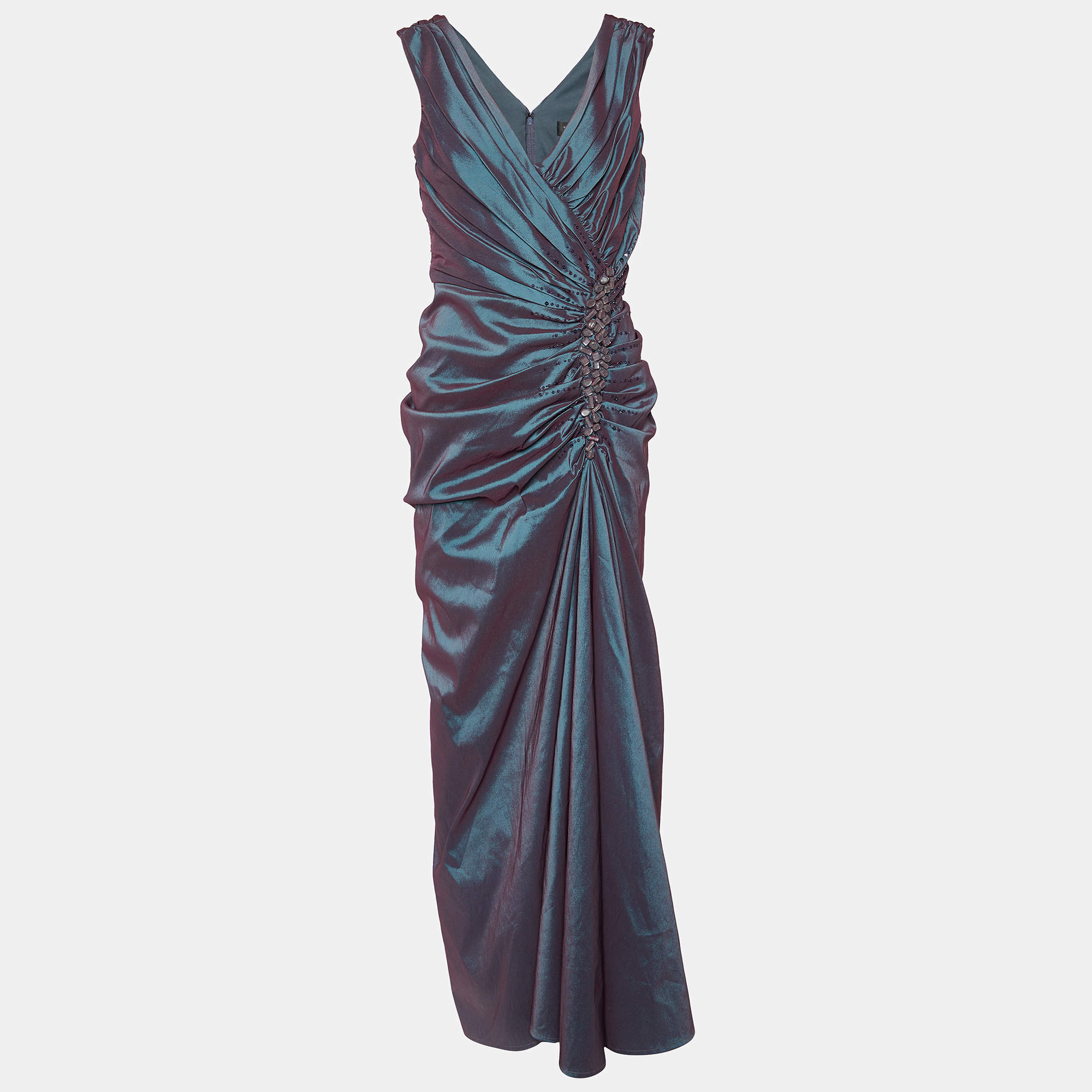 Tadashi Shoji Two Tone Metallic Embellished Ruched Sleeveless Gown M