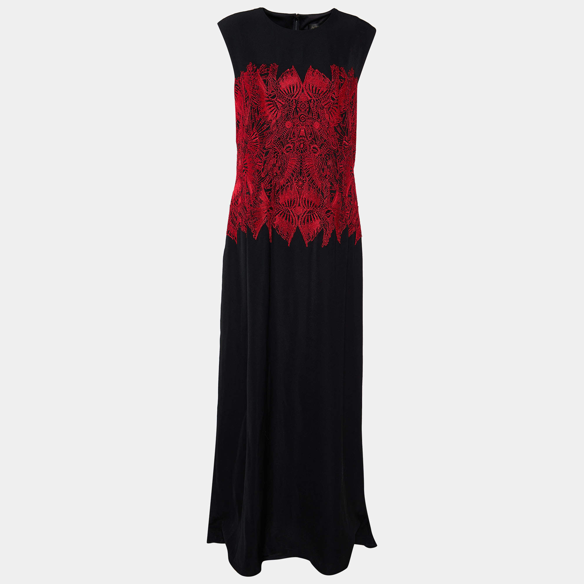 Tadashi Shoji Black Satin Contrast Embroidered Sleeveless Merlin Gown XL