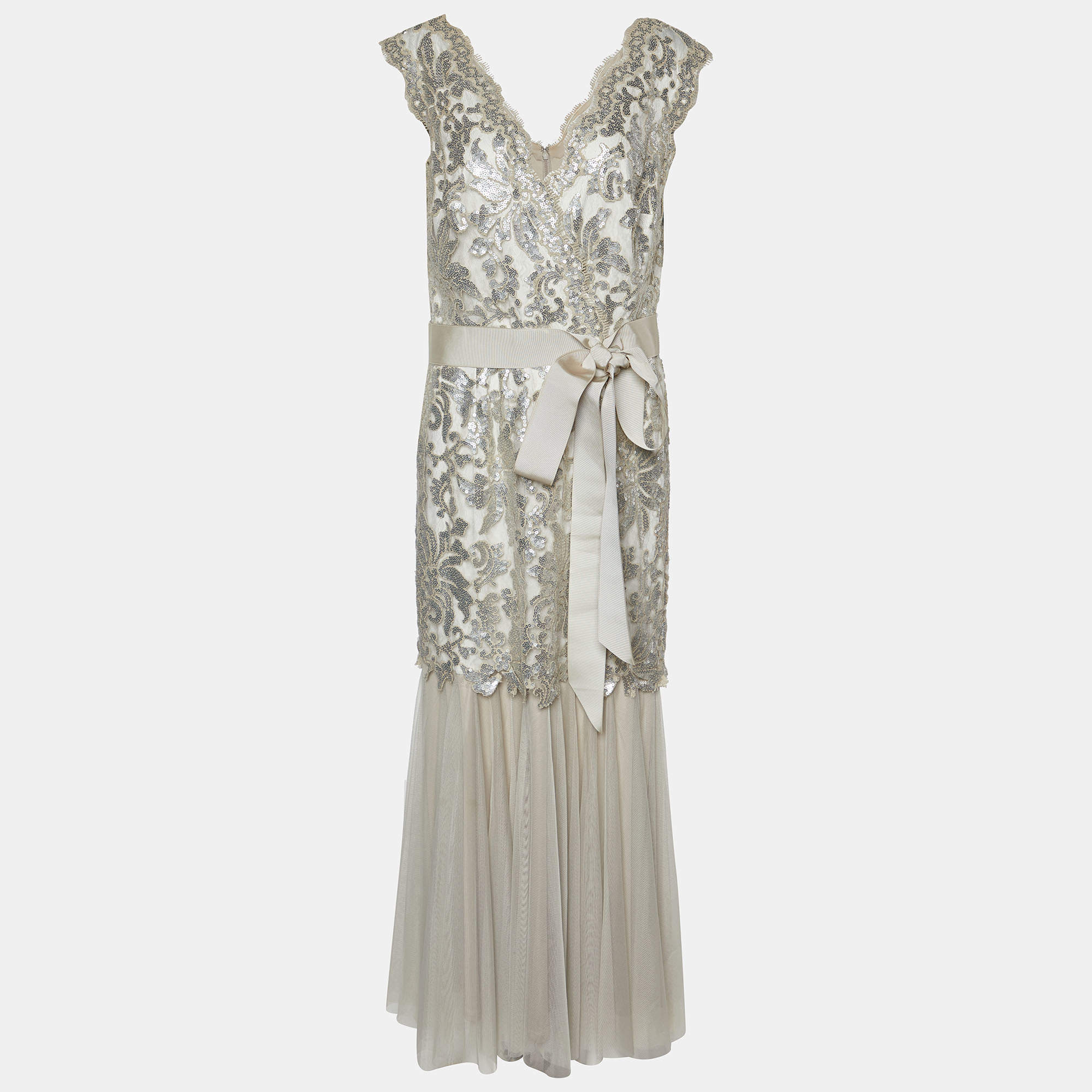 Tadashi Shoji Silver Grey Sequin Embellished Lace & Tulle Belted Gown L