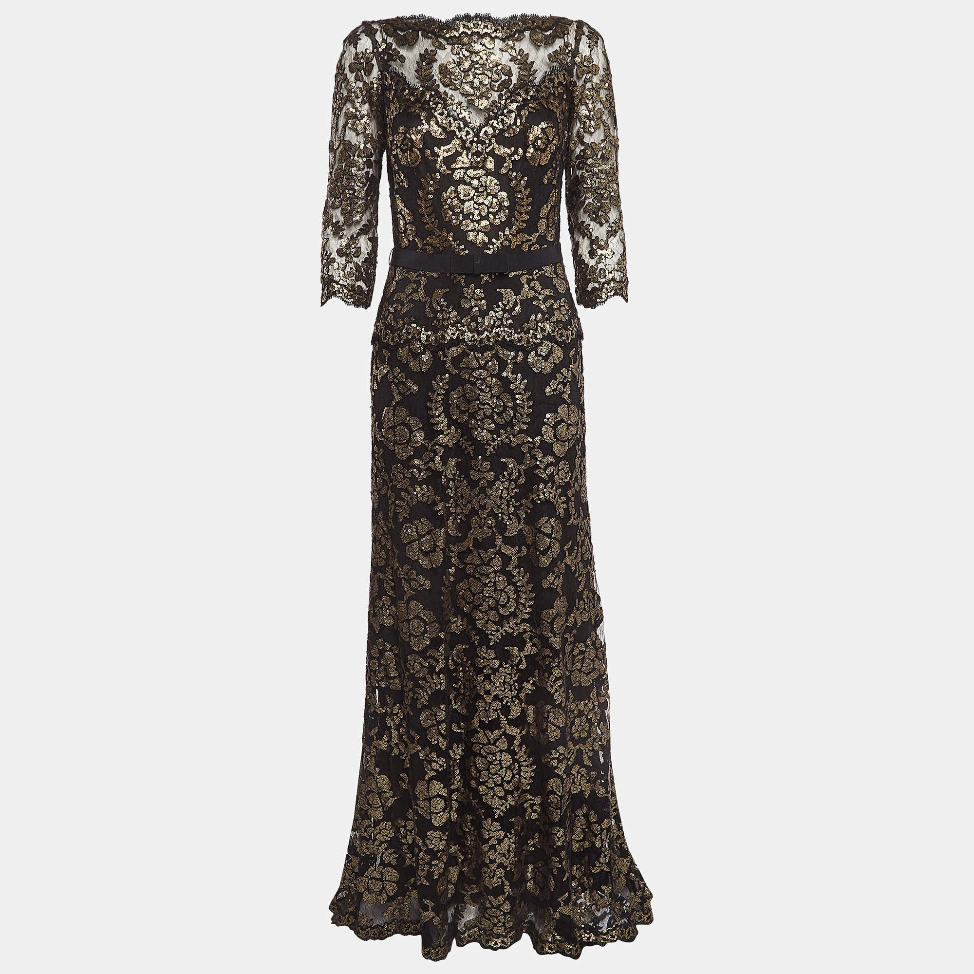 Pre Owned Tadashi Shoji Black/Gold Sequin Full Sleeves Maxi Dress M