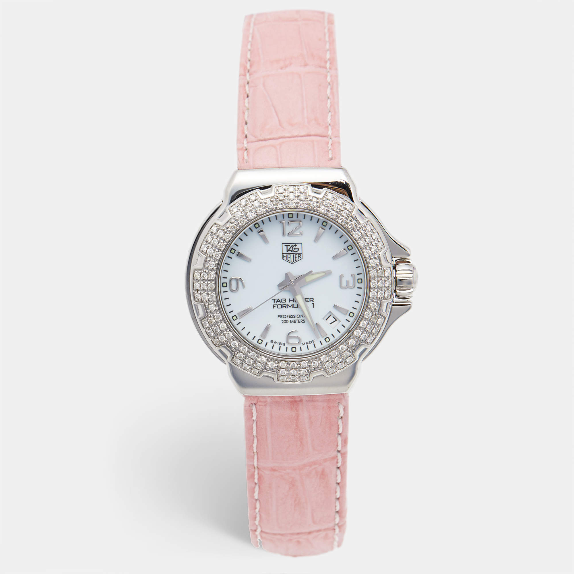 Tag Heuer White Stainless Steel Leather Formula 1 WAC1215-0 Women's Wristwatch 37 mm