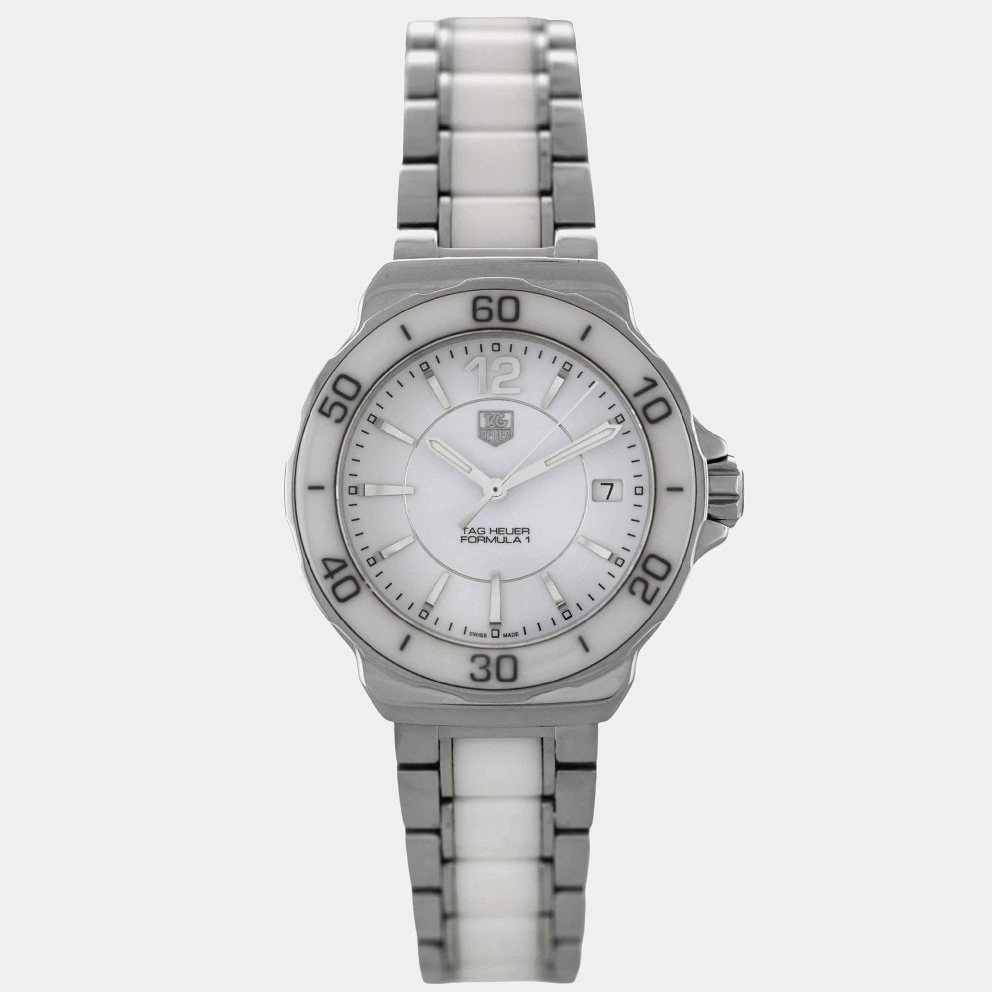 Tag Heuer White Stainless Steel Ceramic Formula 1 WAH1211 Quartz Women's Wristwatch 34 mm