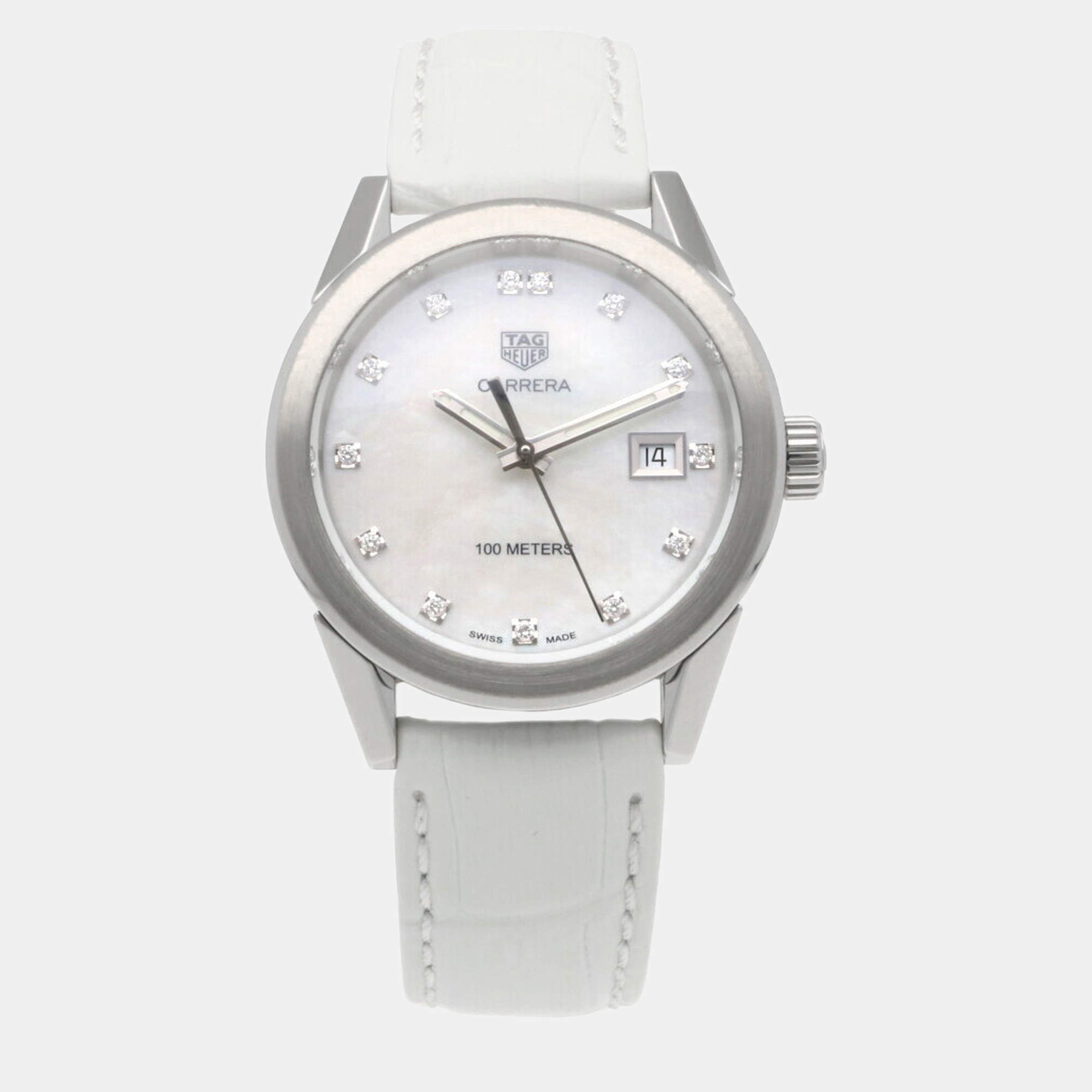 Tag Heuer White Shell Stainless Steel Carrera WBG1312 Quartz Women's Wristwatch 36 mm