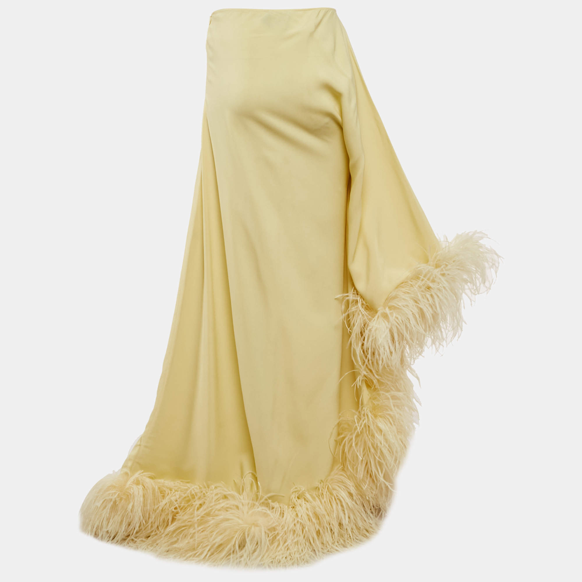 Taller Marmo Pastel Yellow Crepe Feather Trimmed Asymmetric Maxi Dress S