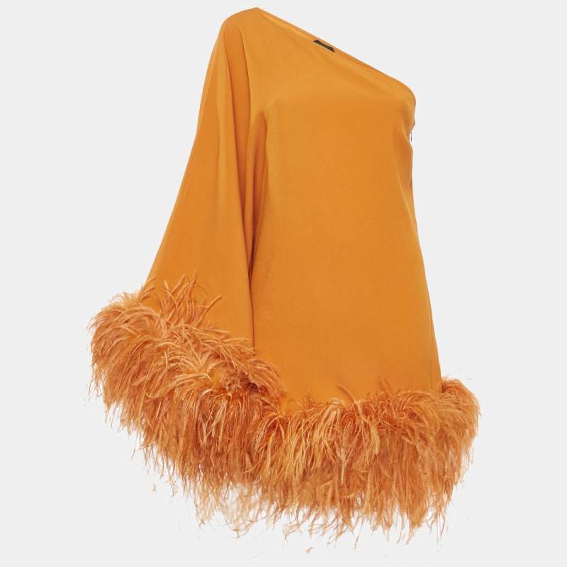 Taller Marmo Orange Feather Trim Crepe Piccolo Ubud One-Shoulder Mini Dress M