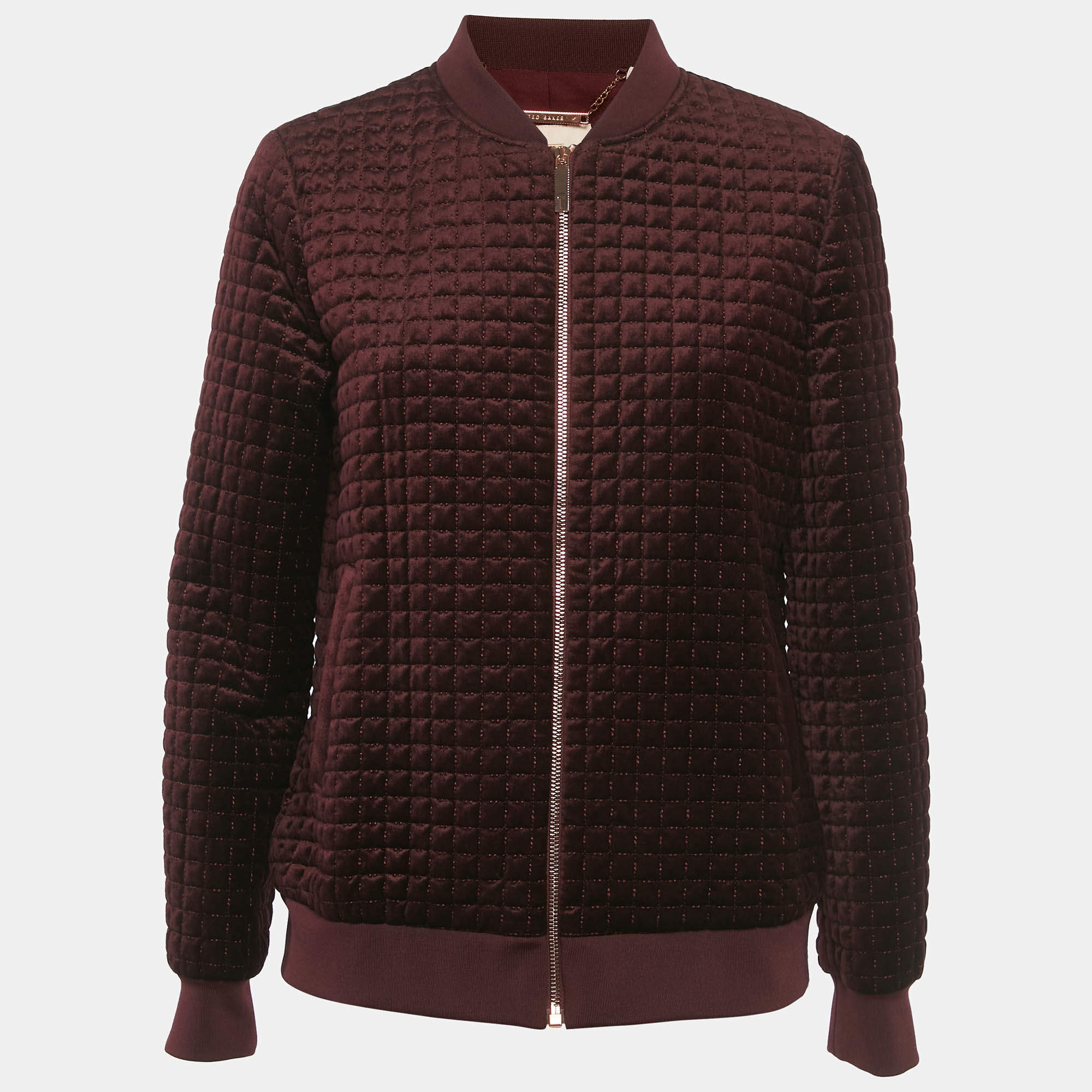 Pre Owned Ted Baker Burgundy Velvet Quilted Prindil Bomber Jacket M
