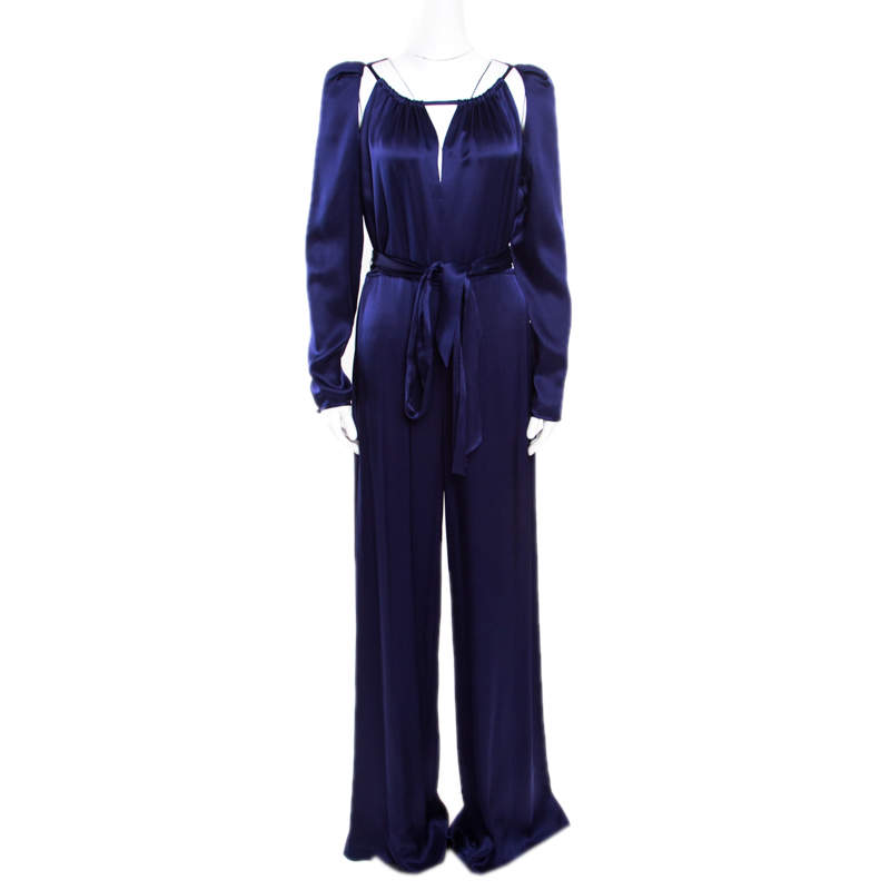 Pre Owned Temperley London Purple Satin Cutout Detail Belted Stockdale Jumpsuit M