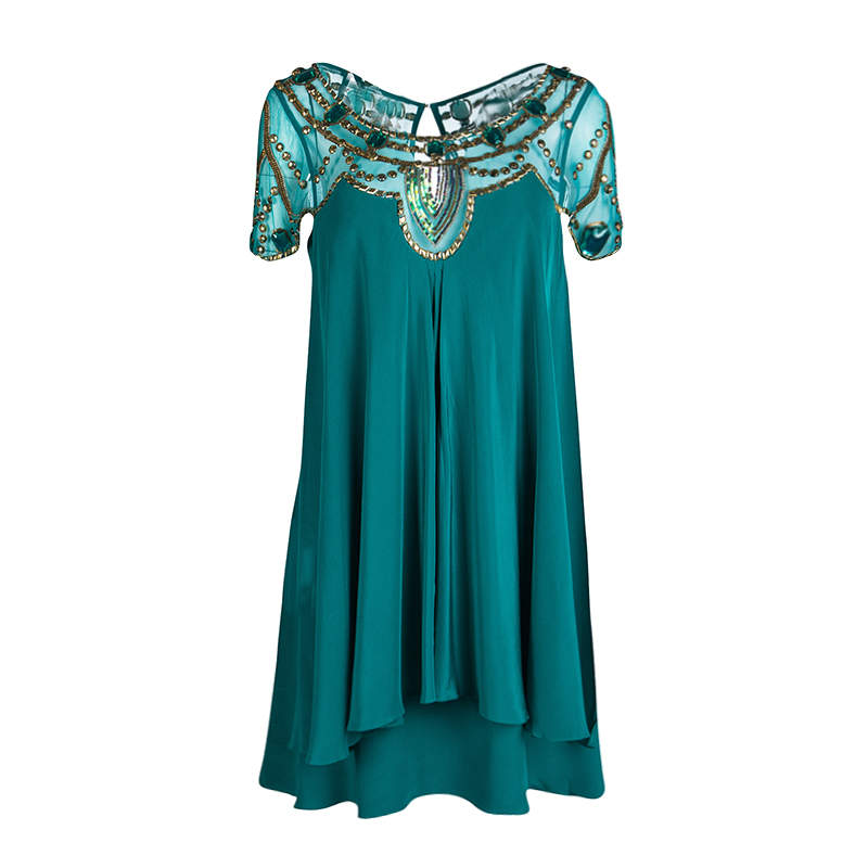 Pre Owned Temperley London Green Layered Silk Embellished Yoke Detail Dress M