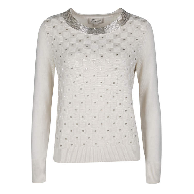 Temperley London Cream Cotton Silk Embellished Sweater S