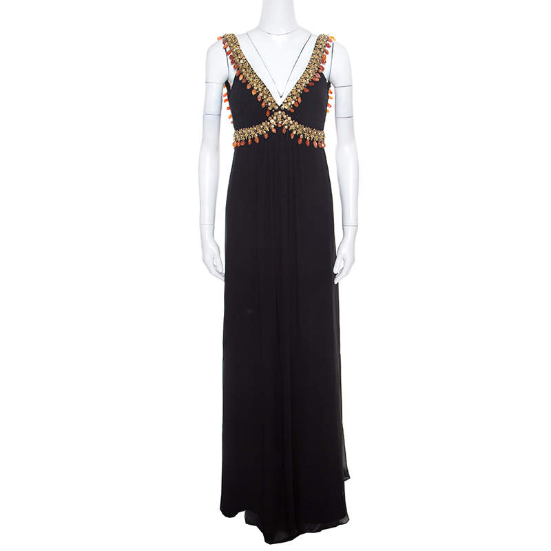 Pre Owned Temperley London Black Silk Chiffon Embellished Bodice Sleeveless Evening Gown S