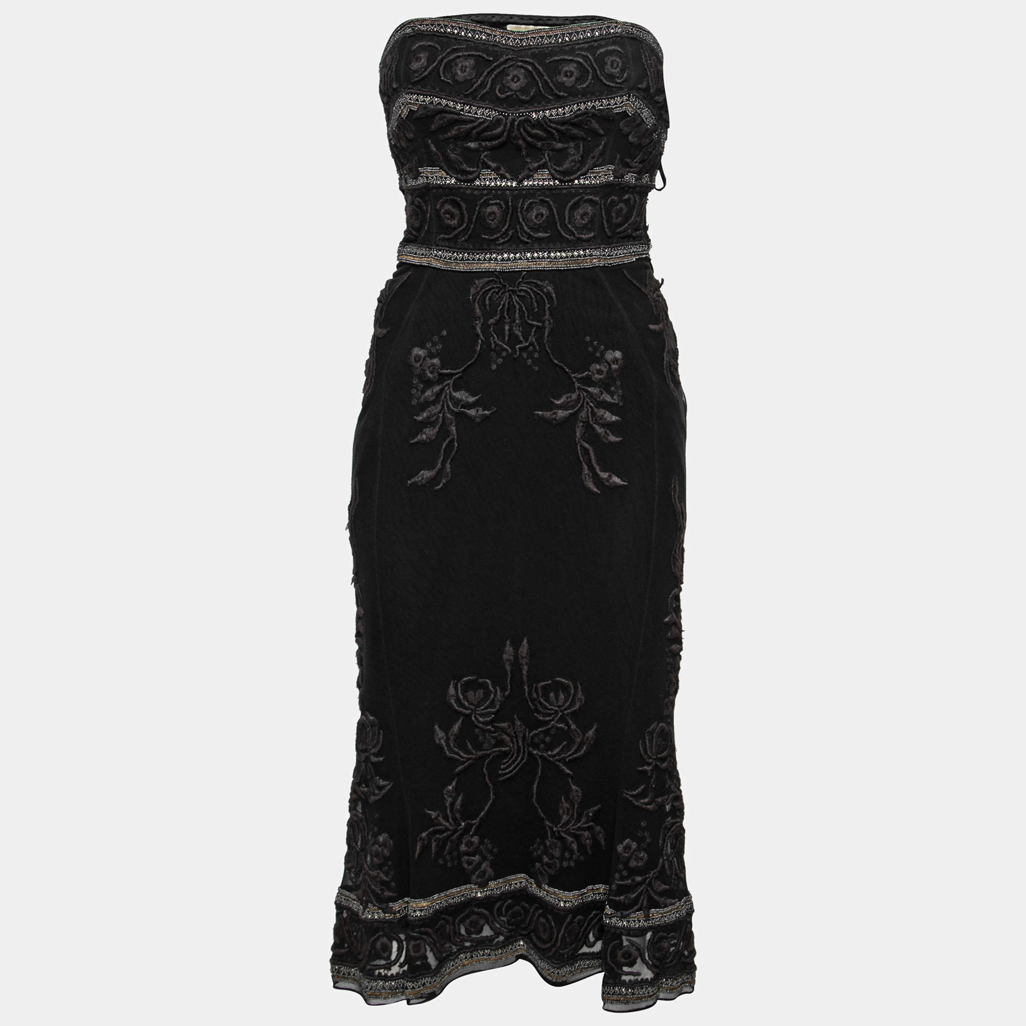 Pre Owned Temperley London Vintage Black Embroidered Beaded Tulle Strapless Dress S