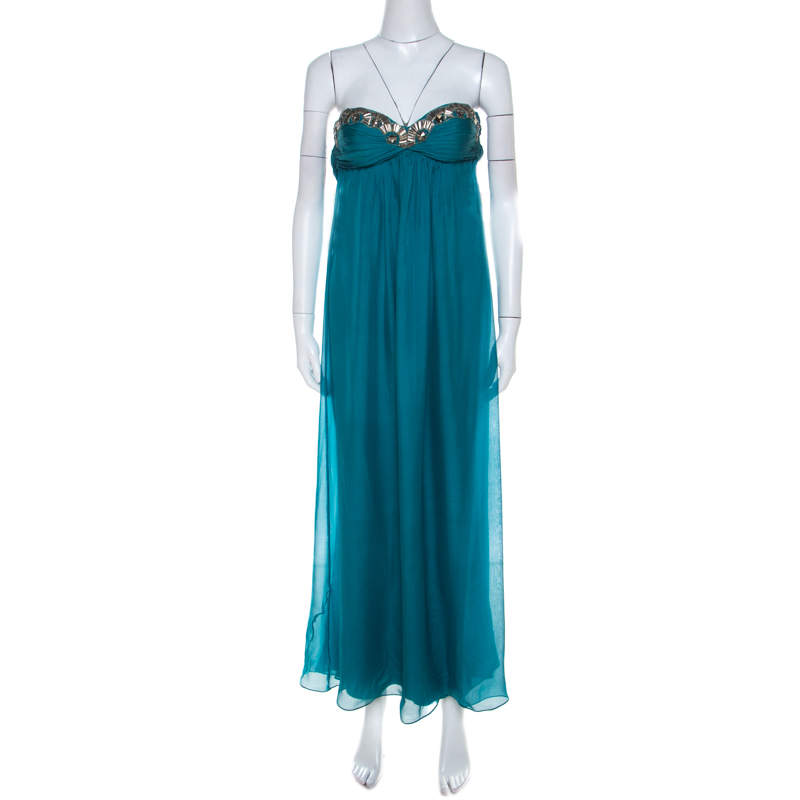 Pre Owned Temperley London Teal Blue Silk Chiffon Strapless Embellished Gown S
